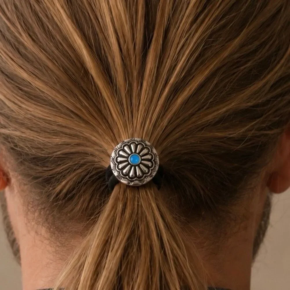 Men’s Western Concho Hair Tie Navajo Style Turquoise Blue Accent Stone